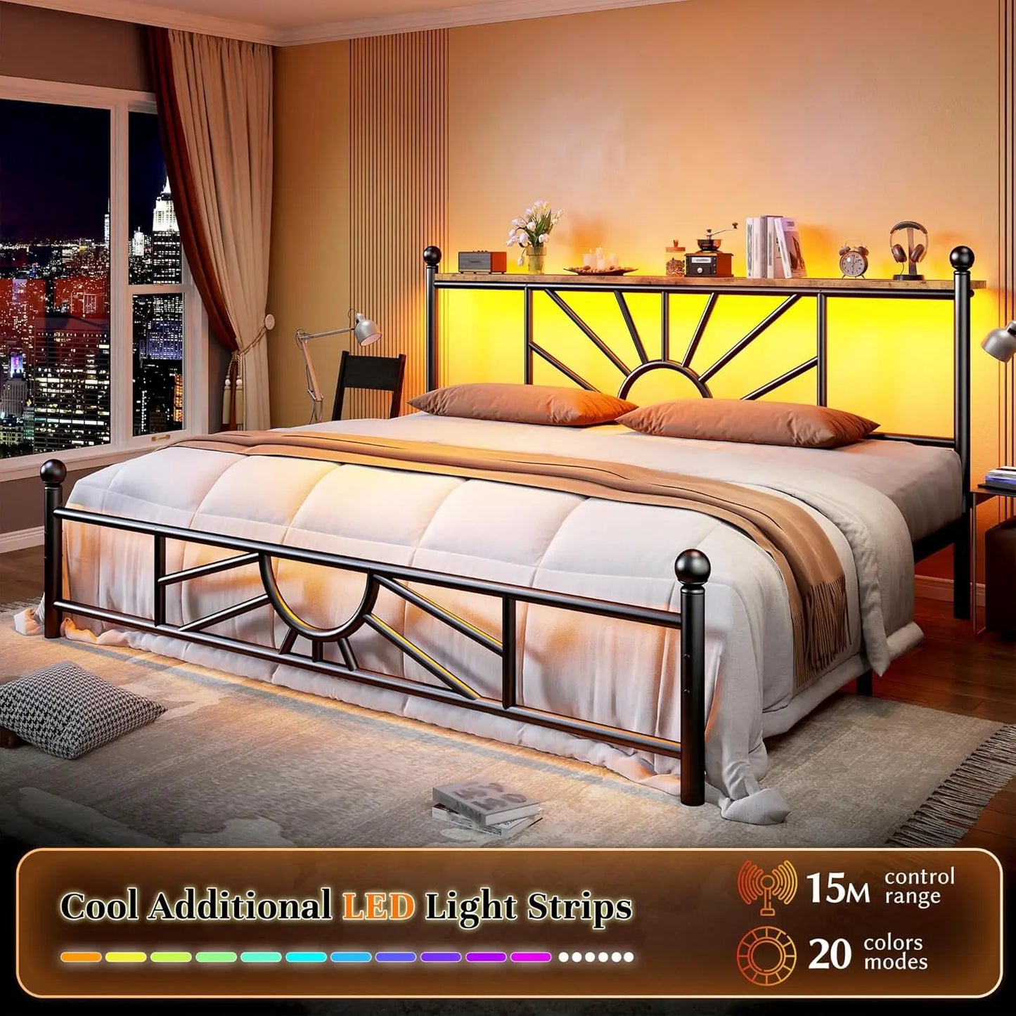 Metal King Bed Frame and Headboard, Footboard,King Size Bed Frame with LED Light, Mattress Foundation with Under Bed Storage