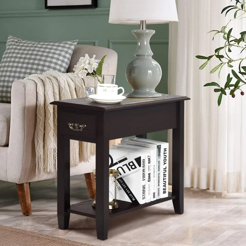 Narrow End Table, Slim Side Table with Drawer and Open Shelf, Small End Tables for Small Spaces, Narrow Nightstand Bedside Tabl