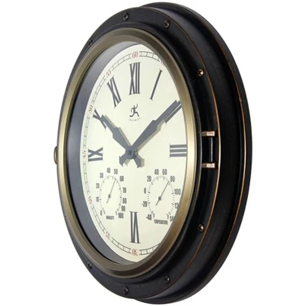 16 Inch Water Resistant Indoor Outdoor Wall Clock with Built-In Hygrometer Thermometer Bronze Finish Easy Read Analog Display