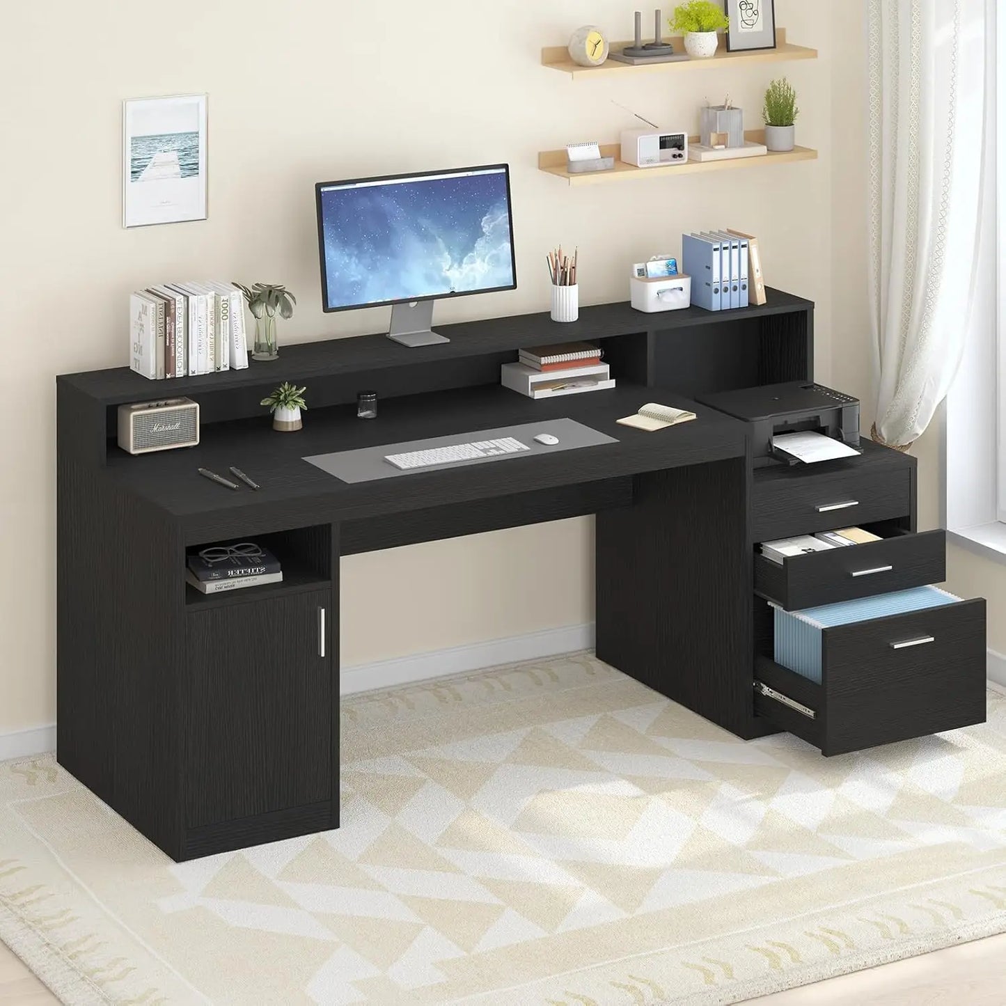 Computer Desk with 3 Drawer & Storage Shelves, Home Office Desk with File Drawer & Cabinet, Writing Study