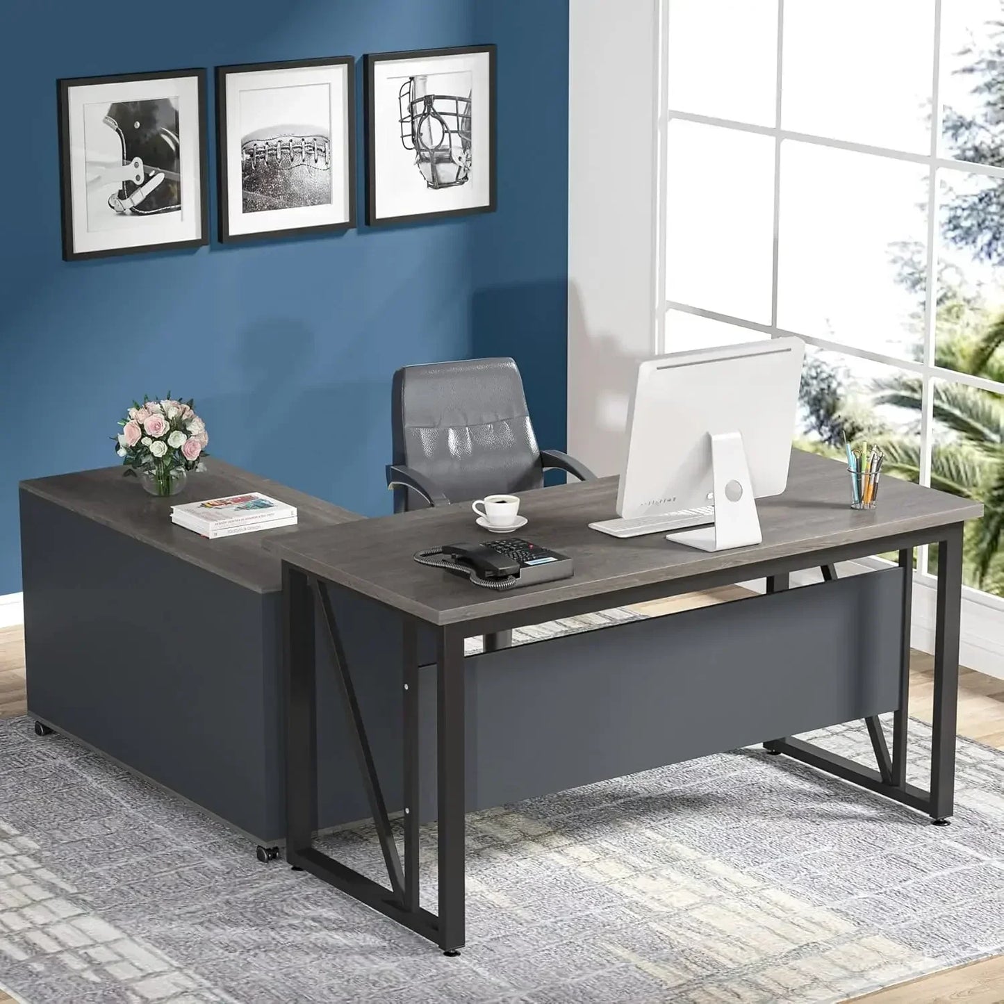 55 inches Executive Desk and 43" lateral File Cabinet, L-Shaped Computer Desk with Drawers Storage Shelves Office Table(Walnut)