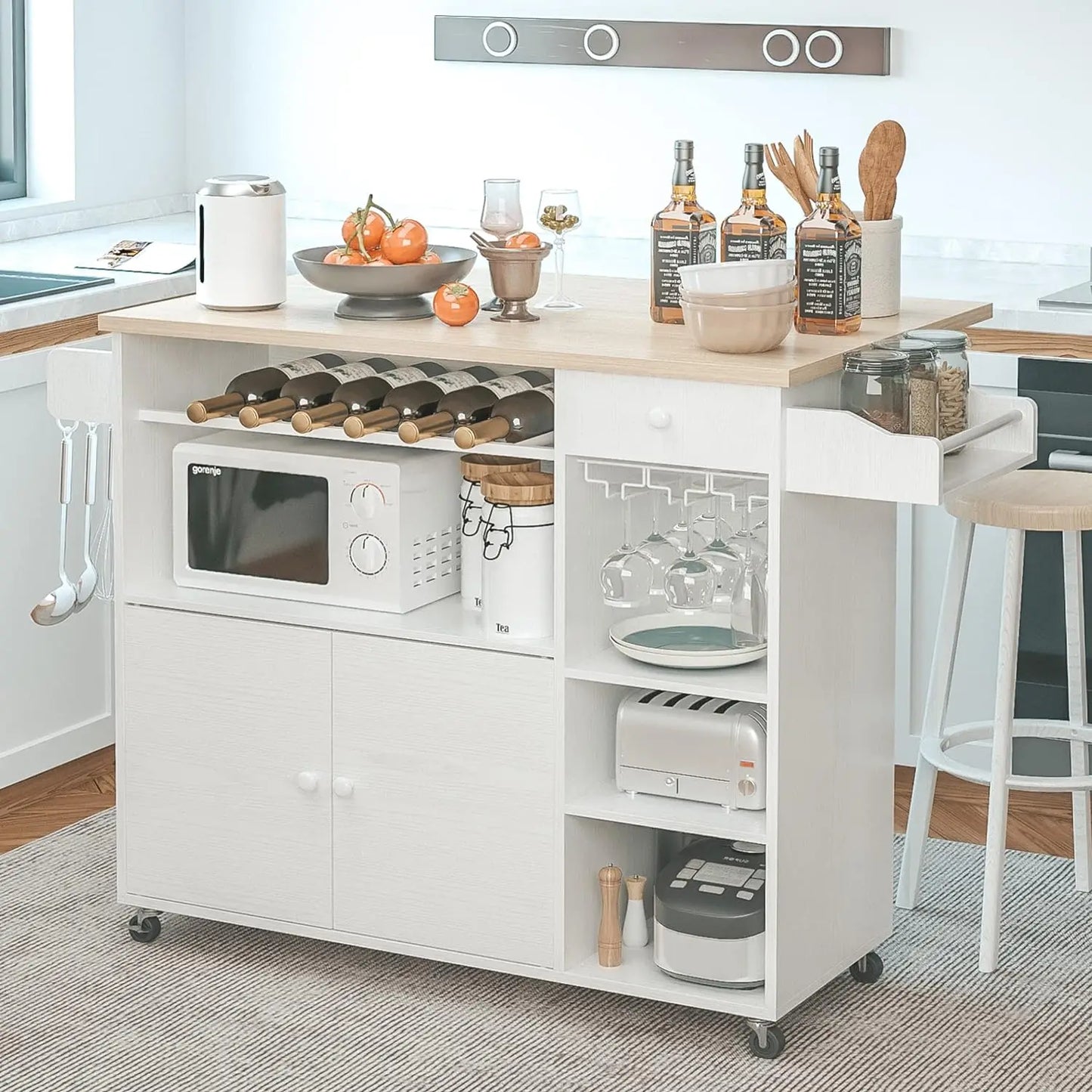 IRONCK Rolling Kitchen Island Cart with Drop-Leaf & Wine Rack Drawer Shelves&Spice Rack, Microwave Rack Serving Cart on Wheels