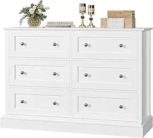 Modern 6 Drawer Double Dresser, Wood Dresser Chest, Wide Chest of Drawers with Deep Drawers & Mental Double Handles for Hallway