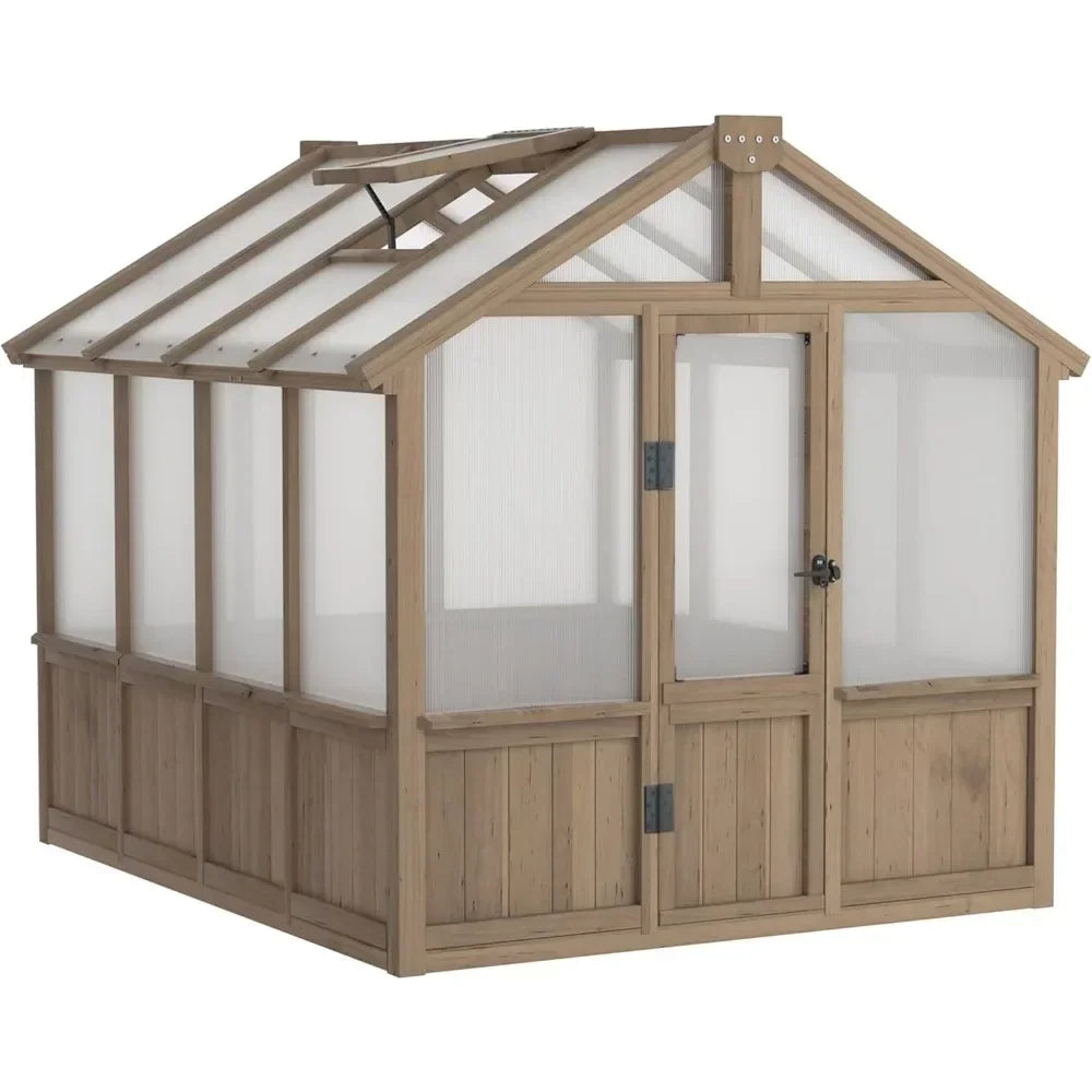 6x8 FT Greenhouse Kit,Adjustable Roof Vent 6MM Thick Polycarbonate Panel Wooden Walk-in Green House with Lockable Door
