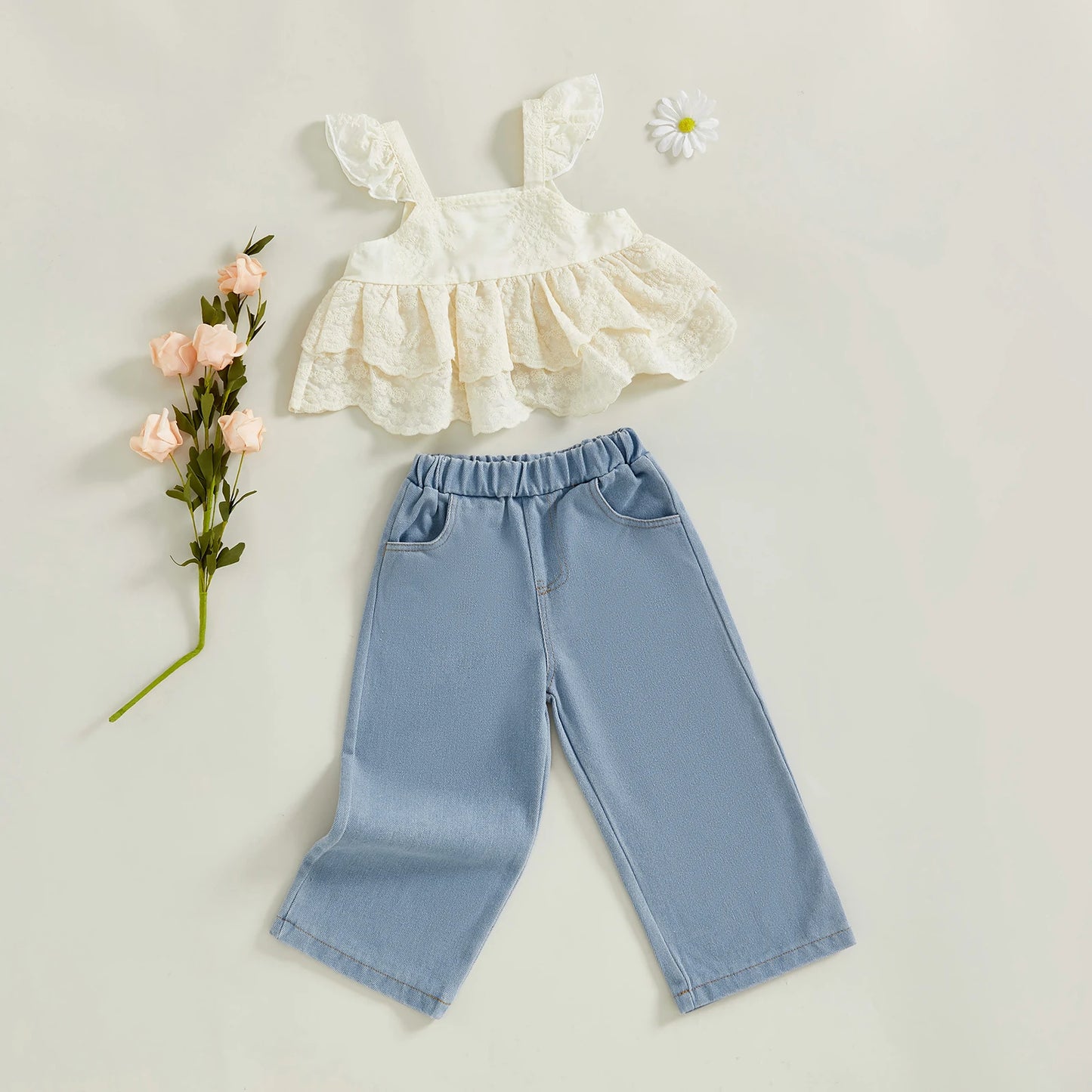 Little Girl Pants Set Floral Fly Sleeve Layered Ruffled Lace Tops Elastic Waist Denim Pants 2 Pcs Summer Outfit