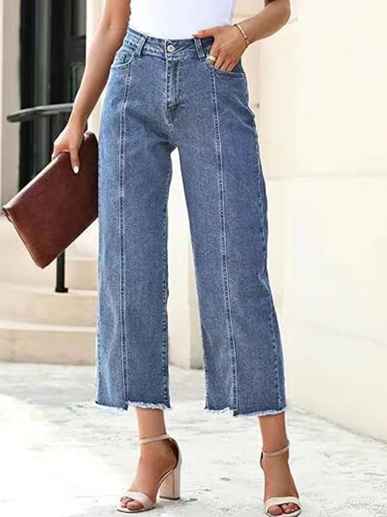 2025 New Personalized Women's Jeans, High Waist Wide Leg Straight Leg Seven Quarter Jeans