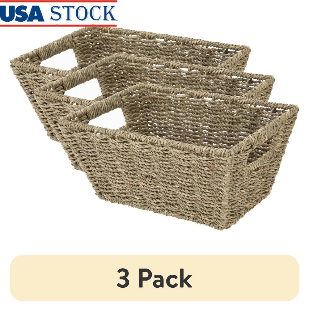 3 Pack Handwoven Seagrass Storage Baskets Rectangle Versatile Natural Color Perfect Toiletries Accessories Gift Giving