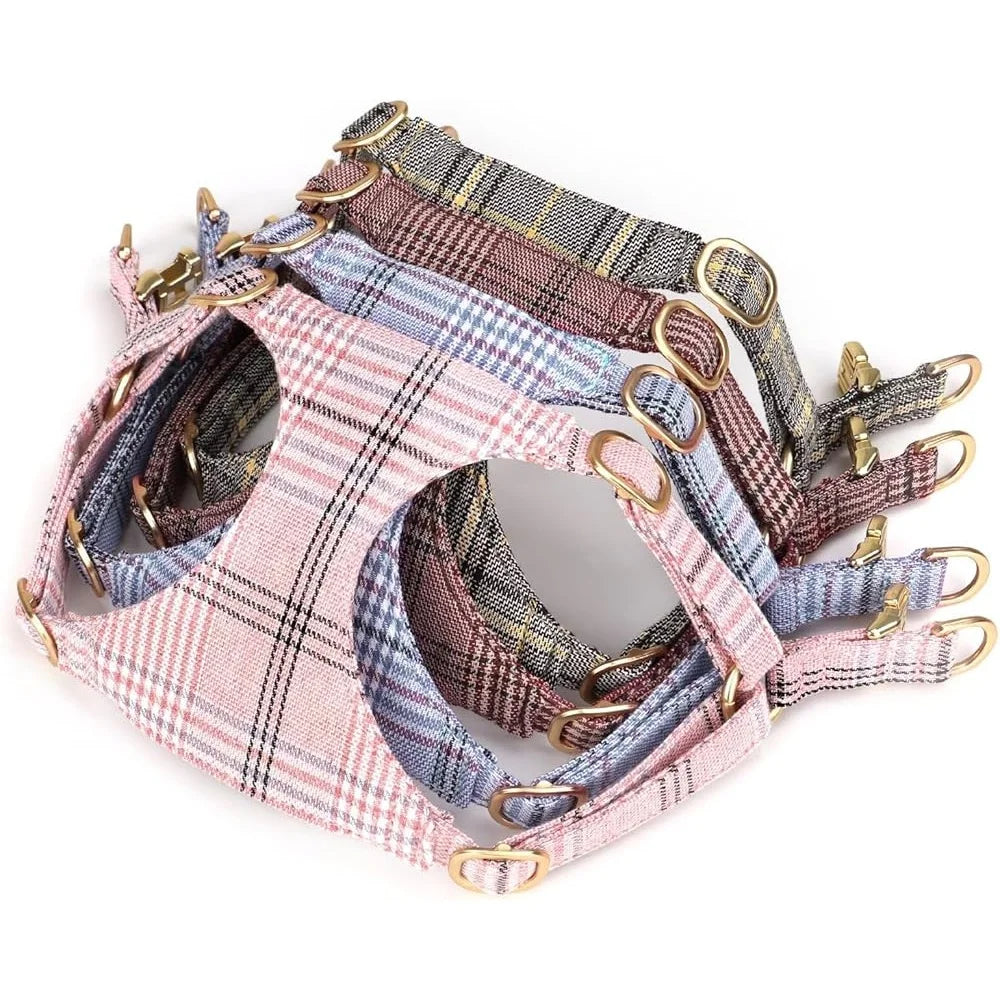 Cute Small Dog Harness Collar Leash Set Adjustable Soft Plaid Design XS Dogs Cats Perfect Walks Parties