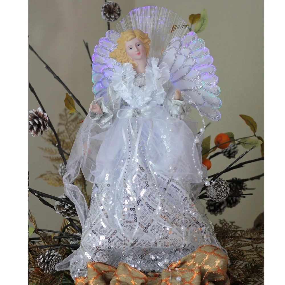 Silver Fur Christmas Tree Topper Angel with Fiber Optic Color Changing Wings Sequin Gown Holiday Decoration 16 Inch