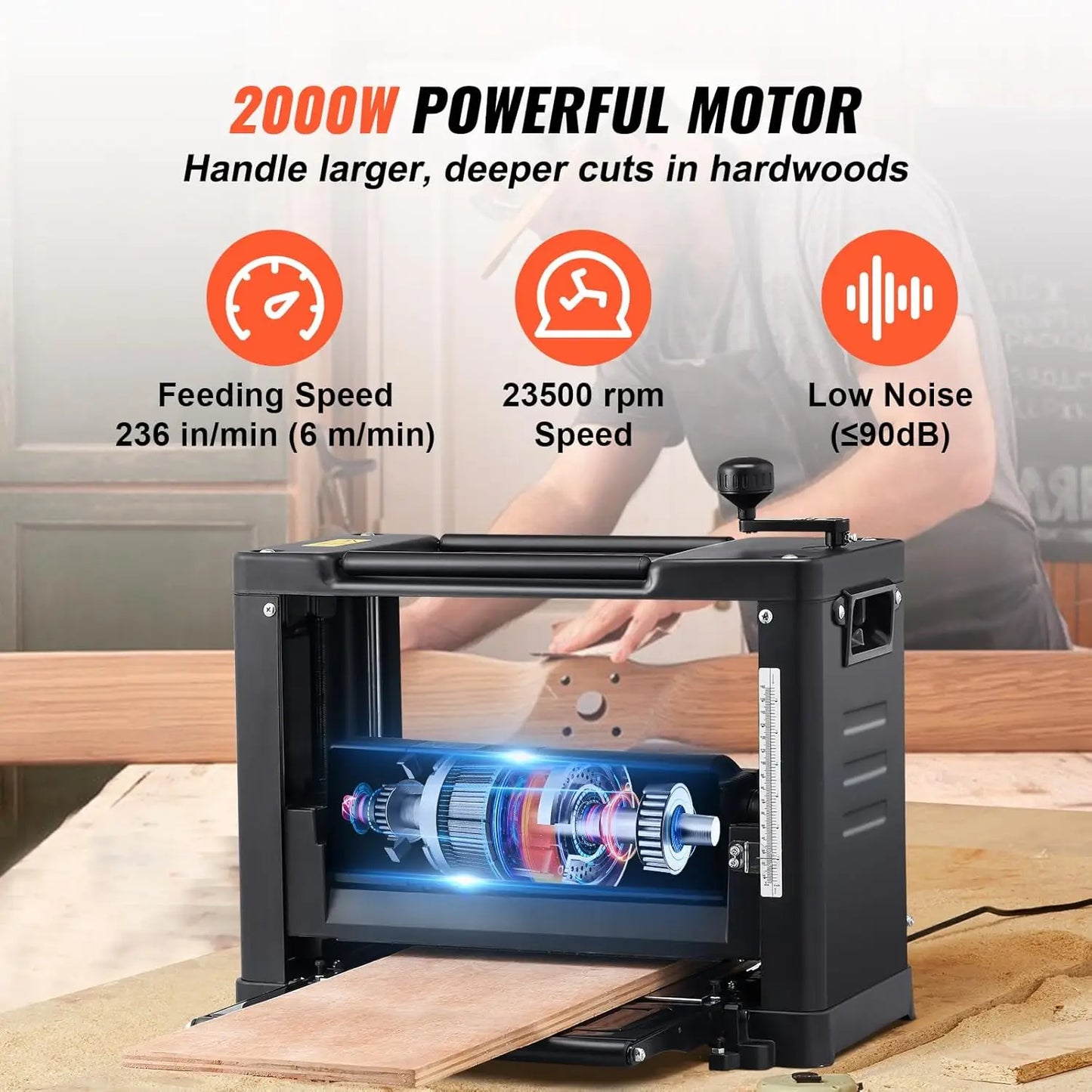 Thickness Planer, 13" Width Worktable Benchtop Planer, Two-Blade, 15-Amp 1800W Powerful Motor, 12" Extended Infeeding Table