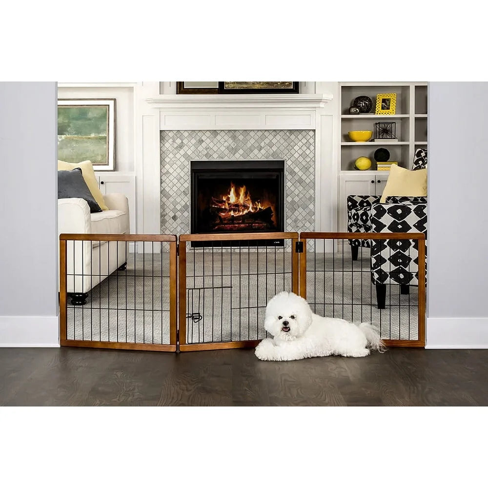 3 Panel Wooden Pet Gate Freestanding Dog Barrier with Small Door Adjustable Expandable Indoor Use Easy Setup Child Safety