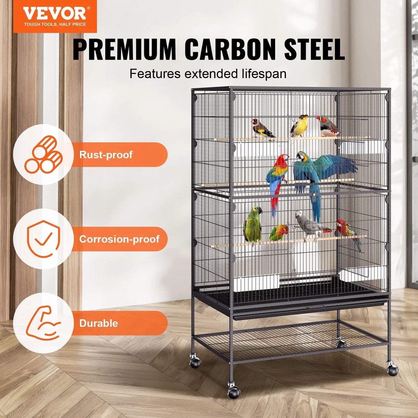 52 inch Standing Large Bird Cage, Wrought Iron Flight Bird Cage for Parakeets, Cockatiels, Parrots