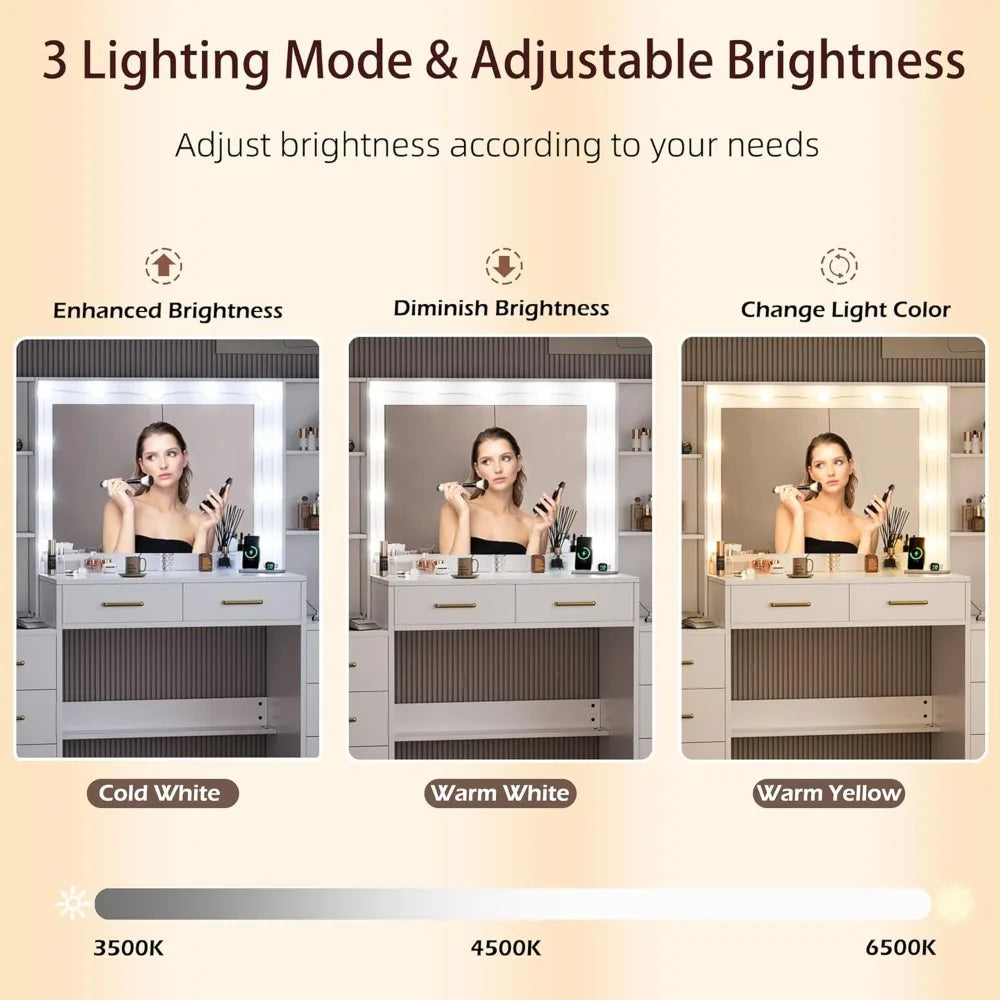 58.3" Makeup Vanity Desk with Charging Station, Dressing Table with Mirror & Lights, 3 Lighting Modes Adjustable Brightness,