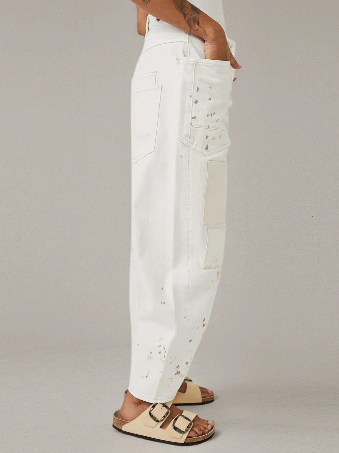 Women's White Loose Straight Leg Spliced Wide Leg Jeans with Drawstring and Pocket, Fashionable Casual Jeans Suitable for Daily