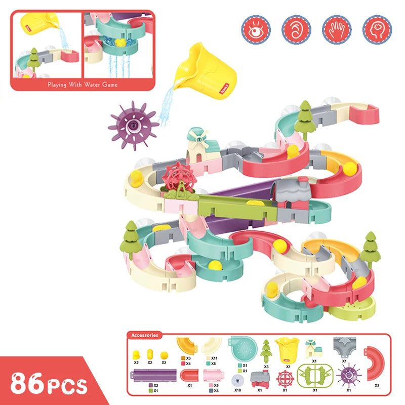 86Pcs Baby Bath Toy Diy Marble Run Suction Cups Waterwheel Set Assembling Track Bathroom Bathtub Kids Water Game Toy for Toddler