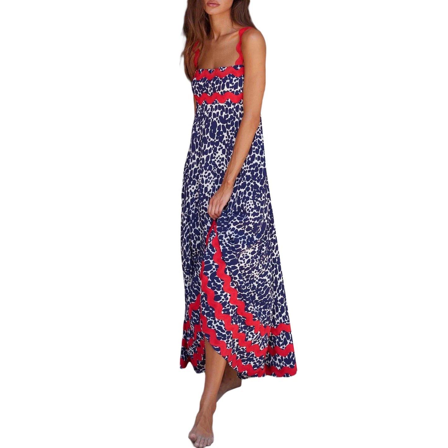 Women s Long Cami Dress Floral Leopard Print Sleeveless Square Neck Backless A-Line Ric Rac Dress