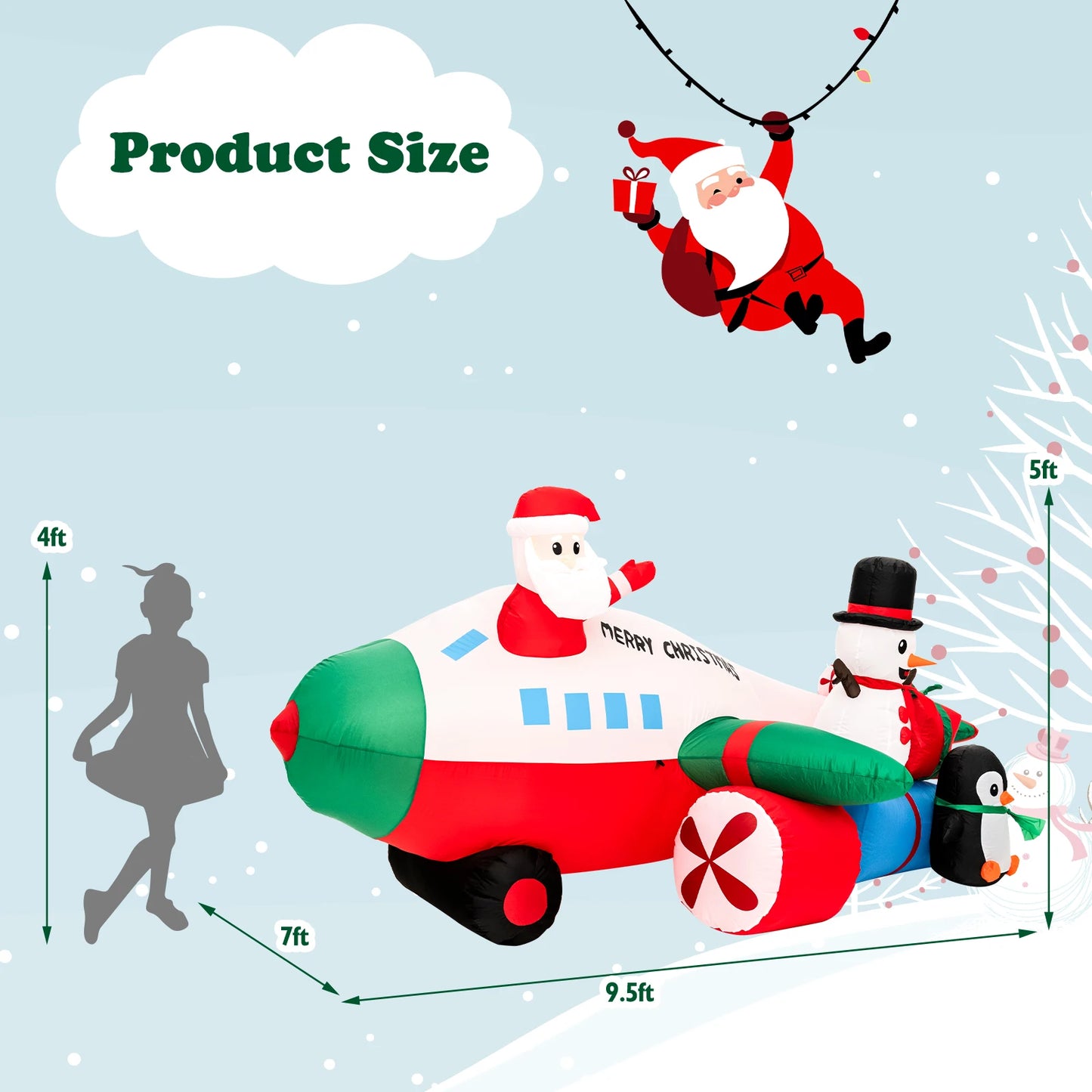 9FT Inflatable Christmas Santa Claus on Helicopter w/ Snowman Penguin LED Lights