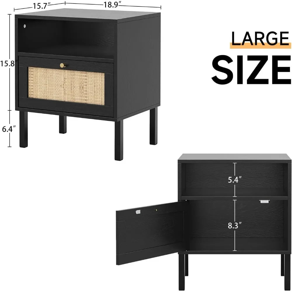 Rattan Night Stand Set 2, Boho Black Nightstands Set of 2, Bedside Table, End Table with Open Storage Space & Metal Le