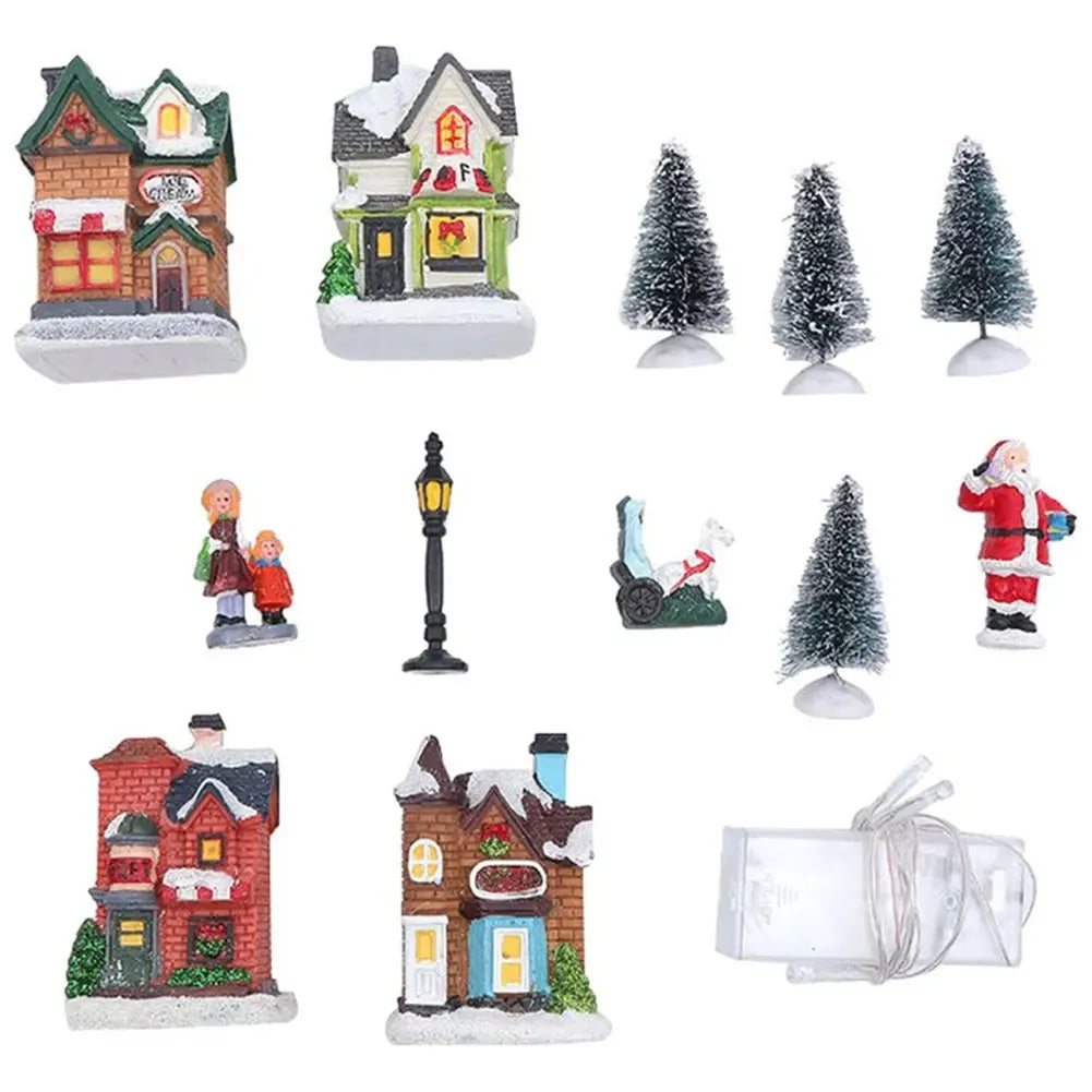 12 Pcs Mini Resin Christmas Village Figurines Decoration Set Lighted LED DIY Christmas Doll Figurines Christmas Home Decorations