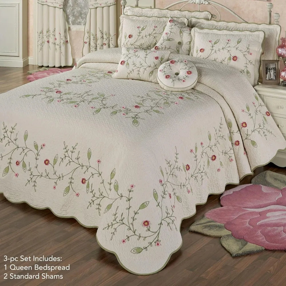 Posy Cottage Garden Style Bedding | Chain Stitch Embroidery, Crochet, & Quilting Fiber Art Floral and Leaf Vines | 3 Piece Quilt
