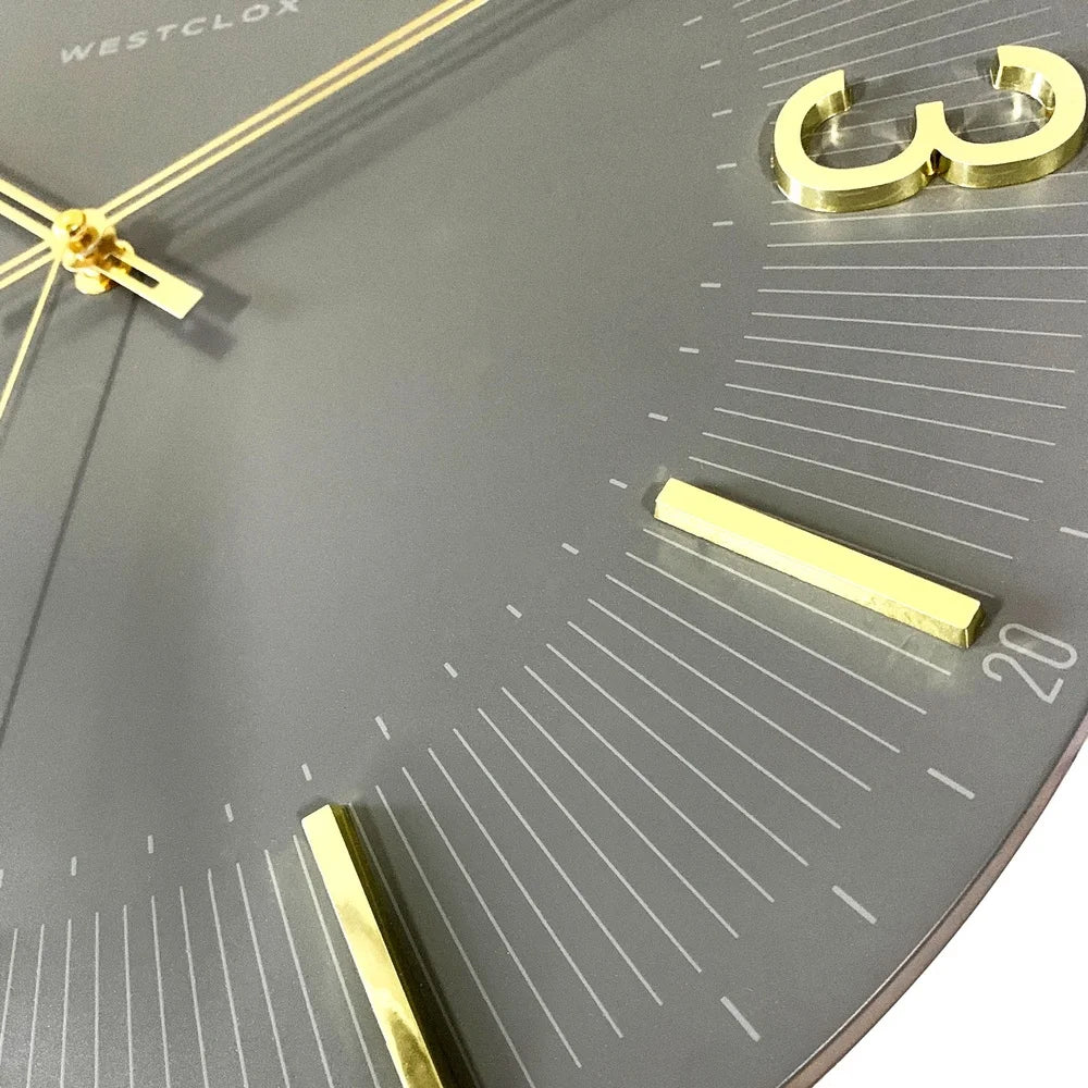 Contemporary 16 Inch Analog Wall Clock Gray with Raised Gold Numbers Quartz Movement Home Office Decor