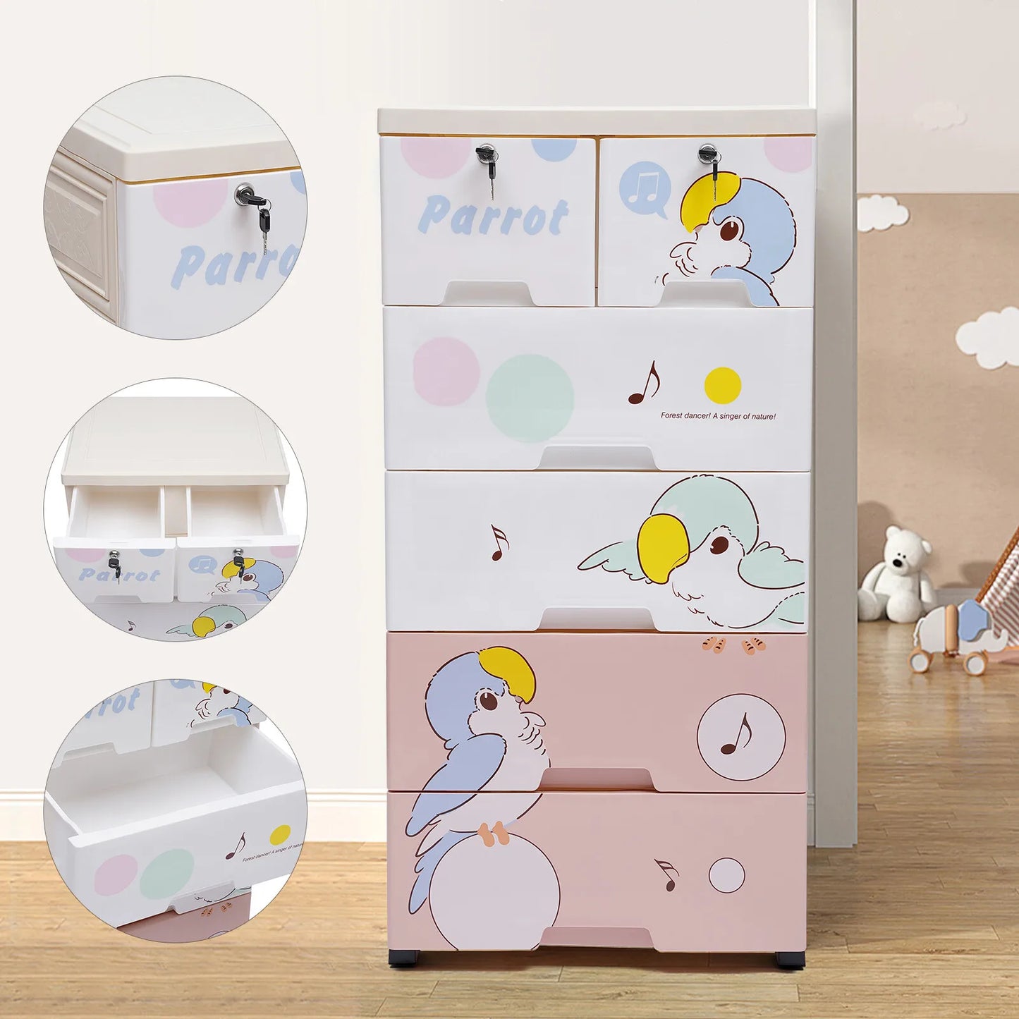Kids Plastic Dresser – 6 Drawers, Parrot Pattern. 66Lbs Load, Lockable Drawers. For Nursery/Kids Room, Easy To Move & Clean
