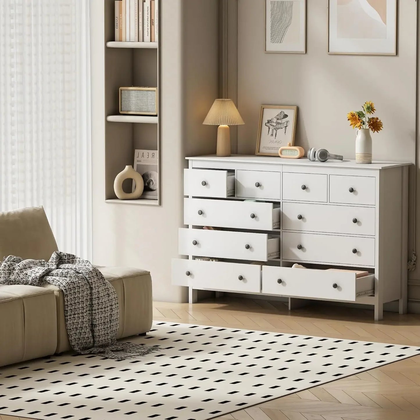 XMSJ-10 Drawer Dresser, 55" Modern White Dressers and Chests of Drawers, 10 Drawer Wide Dressers for Bedroom