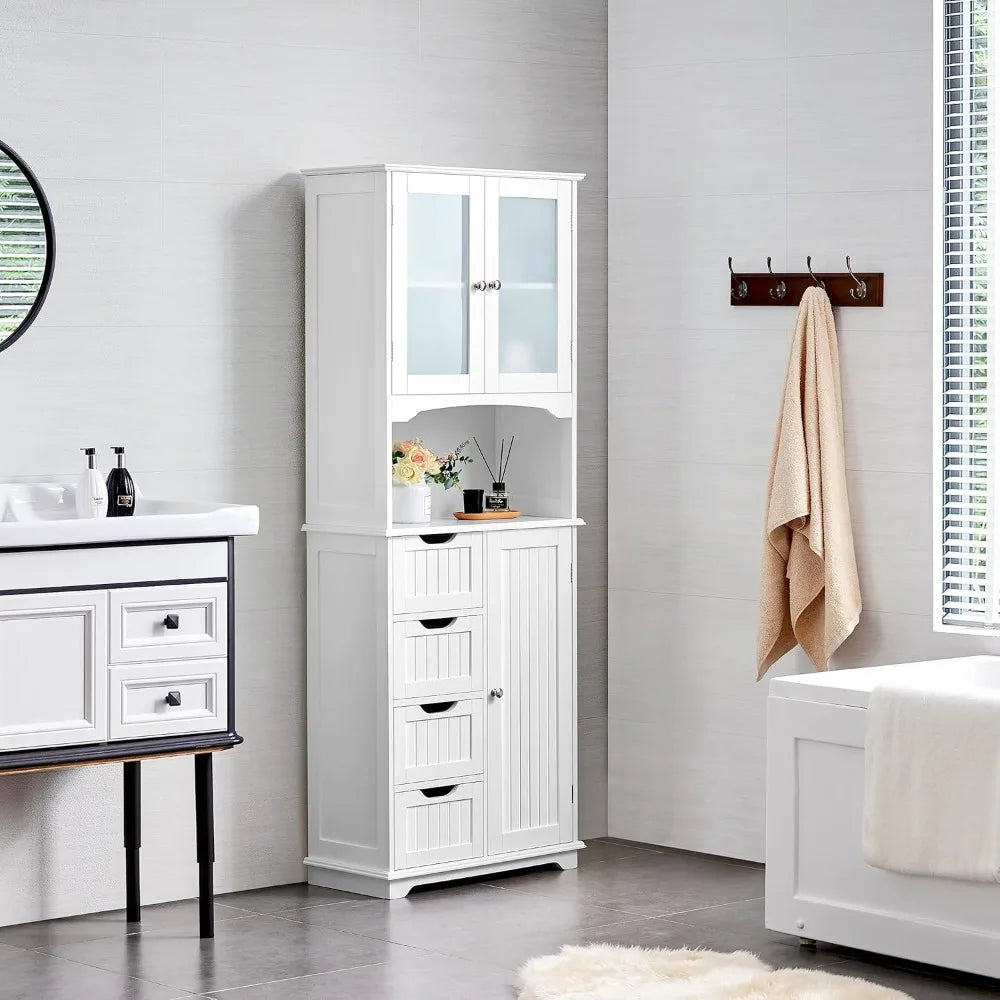 Bathroom Tall Cabinet, Storage Cabinet with 2 Glass Doors, Freestanding Bathroom Cabinet with Open Compartment
