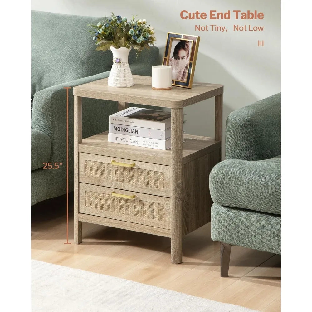 Set of 2 Natural Rattan Nightstands—2 Rattan Drawers + Open Shelf, Farmhouse Wood Bedside End Tables for Bedroom & Living Room