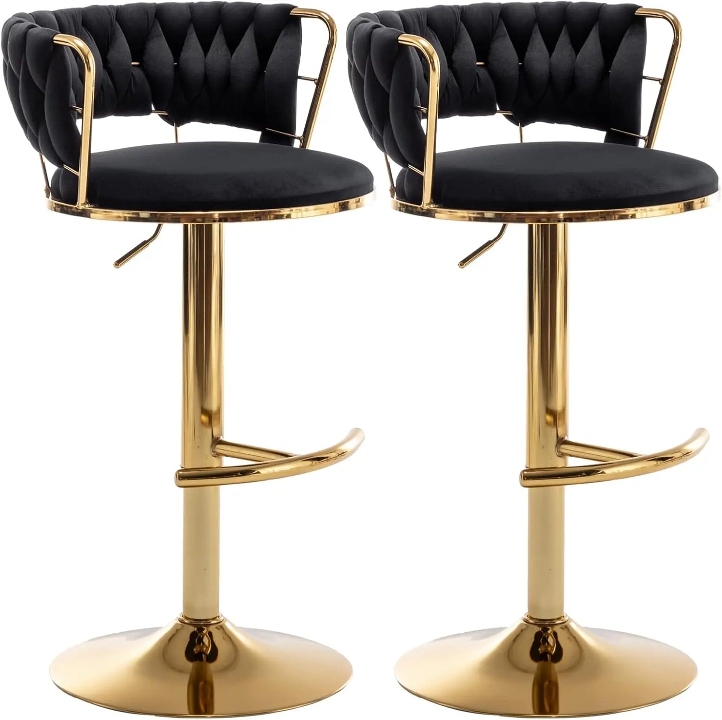 Gold Bar Stools Set of 4, Velvet Swivel Barstools with Woven Backrest, Adjustable Bar Chairs for Kitchen Island, Dining Room