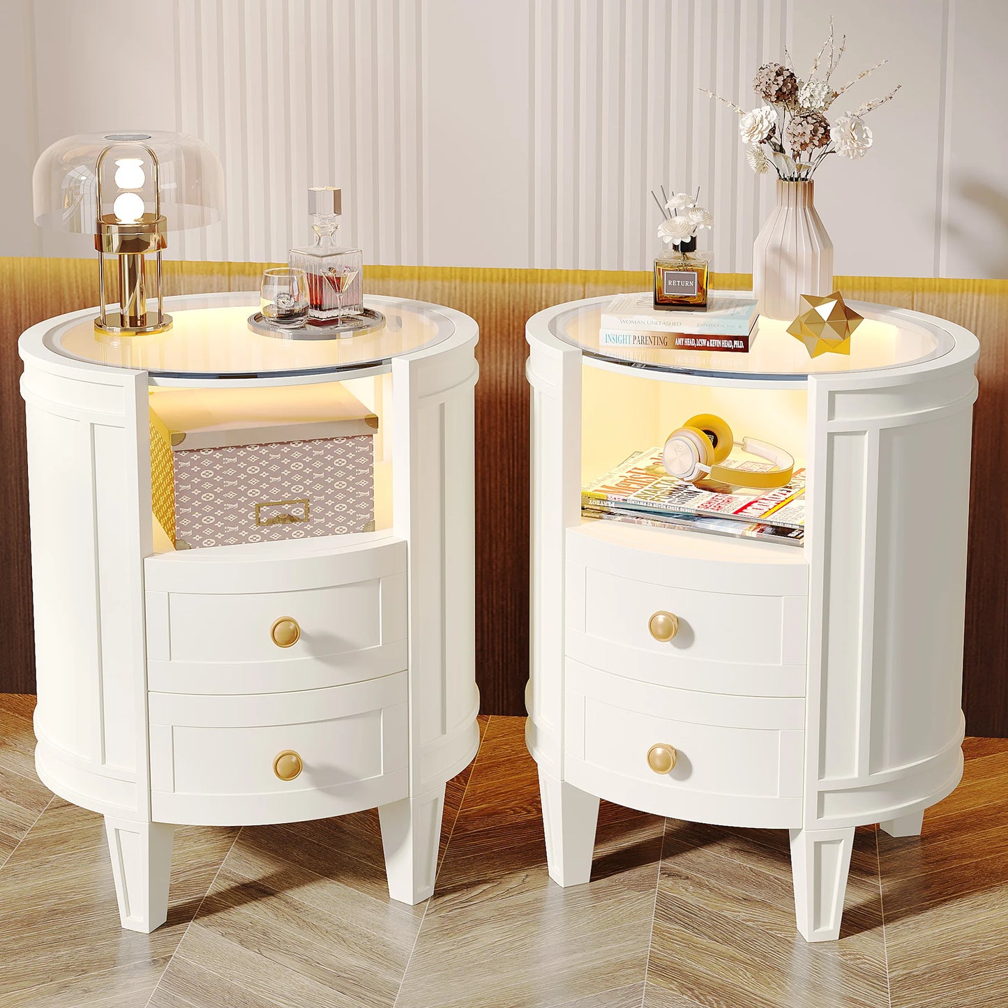 LITTLE TREE 2-Drawer Nightstand with Glass Tabletop, Modern White Oval LED Nightstands, No Assembly Required