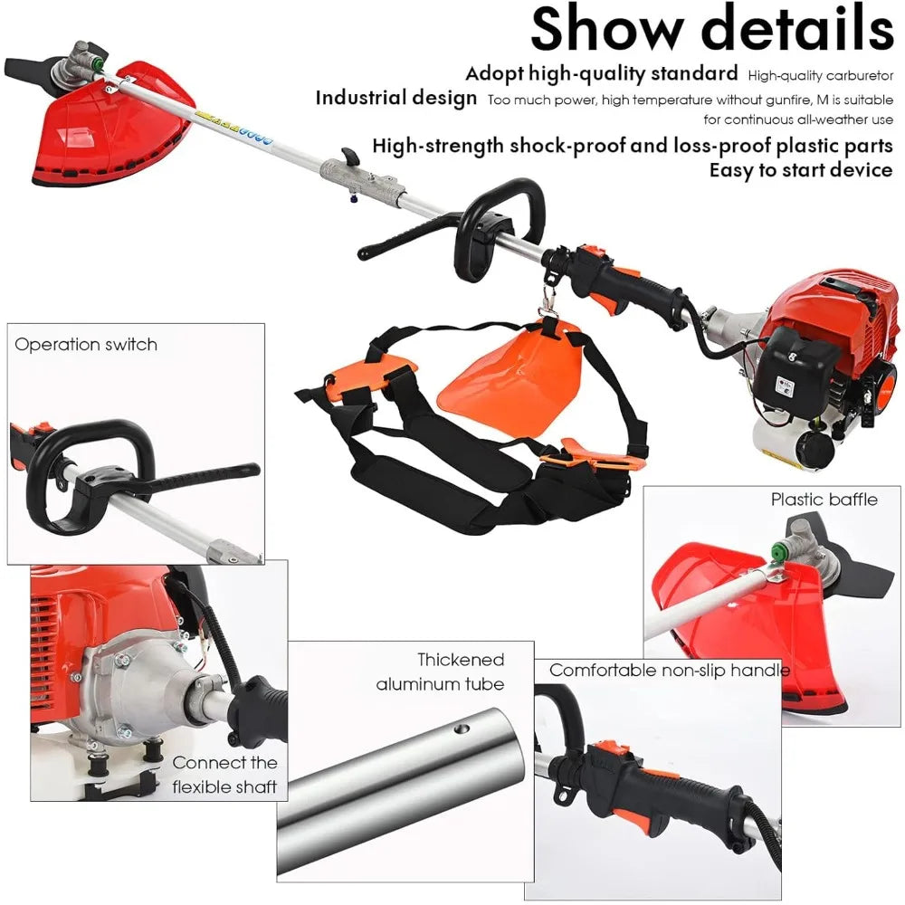 Backpack Grass Trimmer, Brush Cutter, Loose Soil Ditching, Chainsaw, Pole Hedge Trimmer 52cc 2 Stroke Gas 5 in 1 Straight Shaft