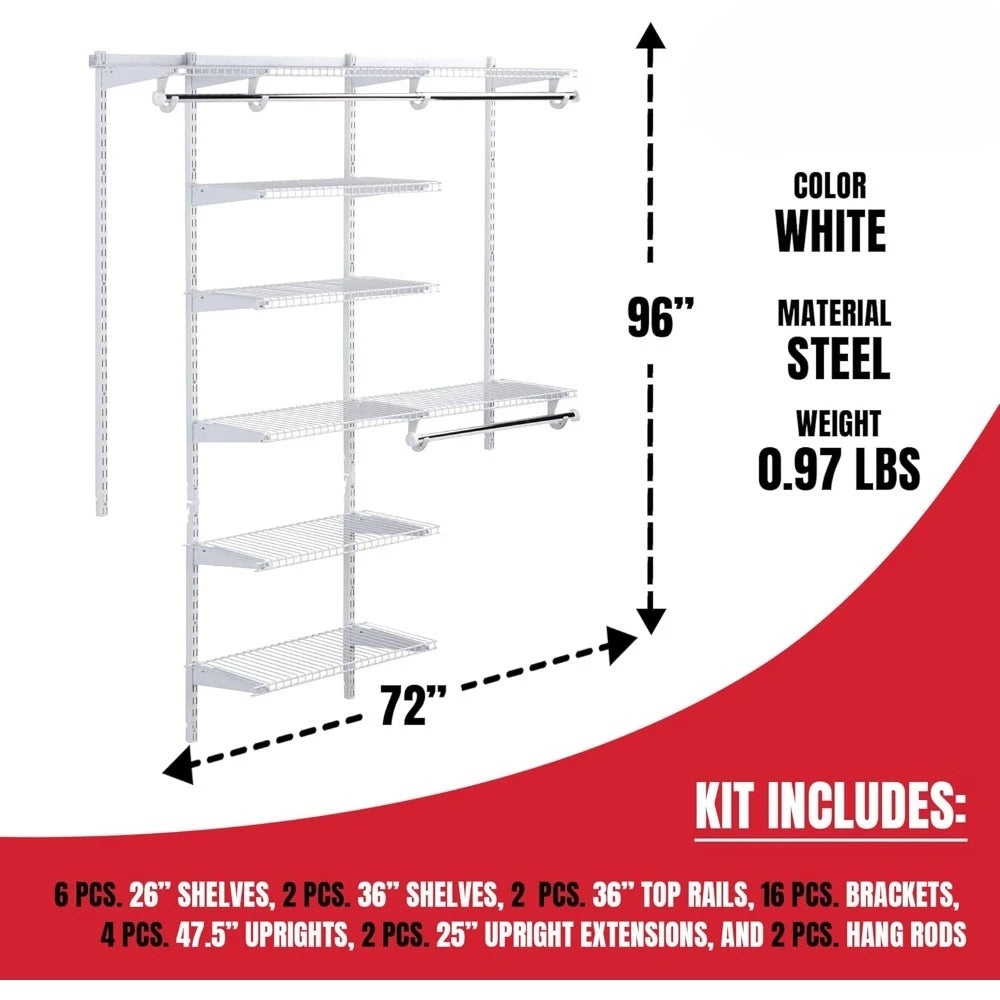 NEW-Configurations Deluxe Custom Closet Kit 3-6 Ft.Adjustable Metal Wire Shelving White Finish Expandable Organization System