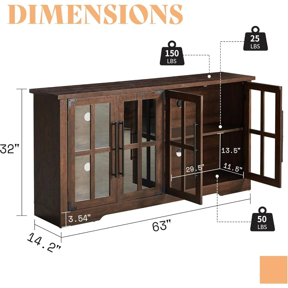 Farmhouse 63" Buffet Sideboard Cabinet with Glass Door, Large Storage Cabinet with Adjustable Shelf, Wooden Coffee Bar Station