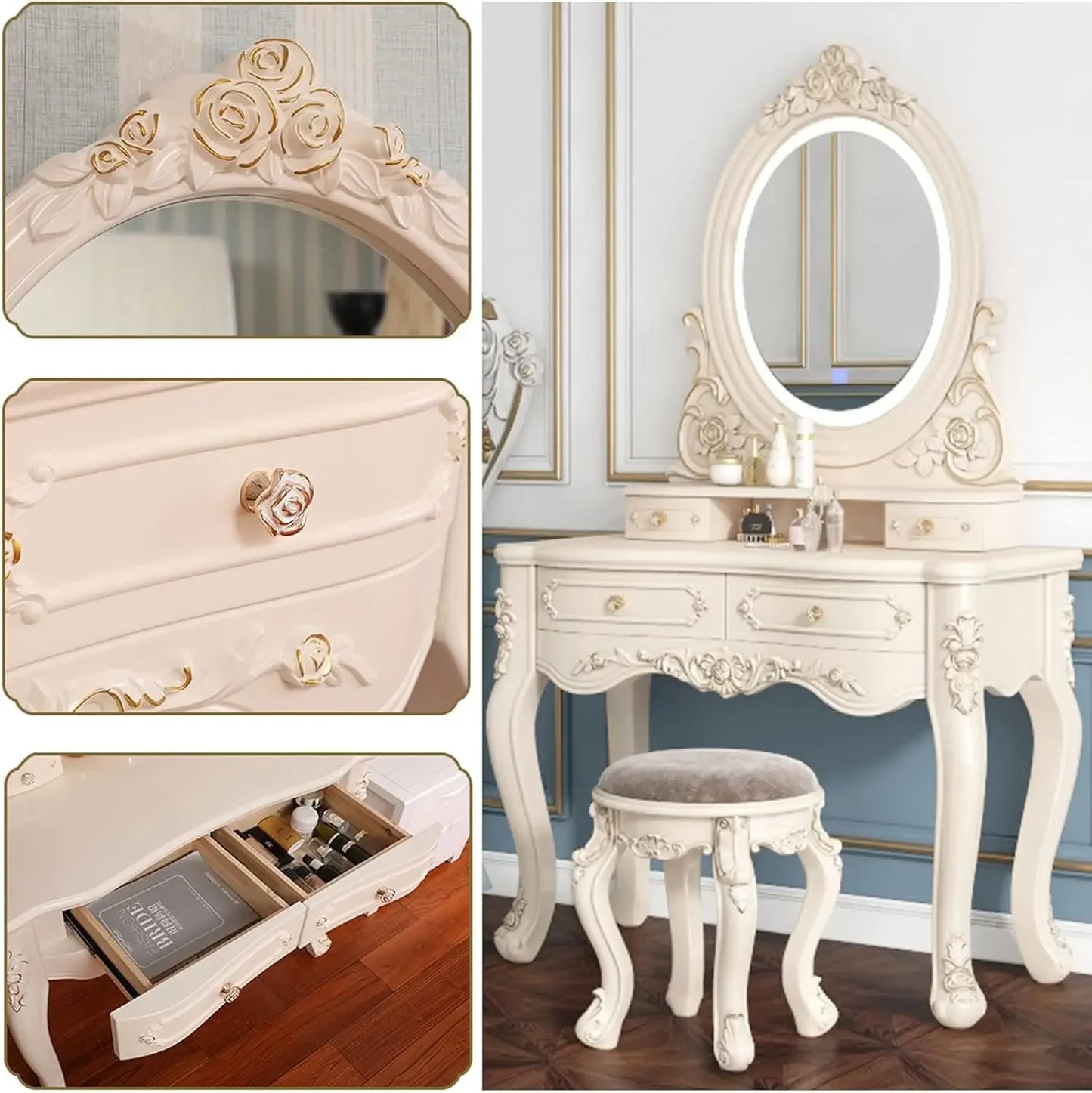 Makeup Vanity with LED 3-Color Touch Light Mirror,Makeup Desk with Cushioned Stool,White Makeup Vanity with Storage for Women