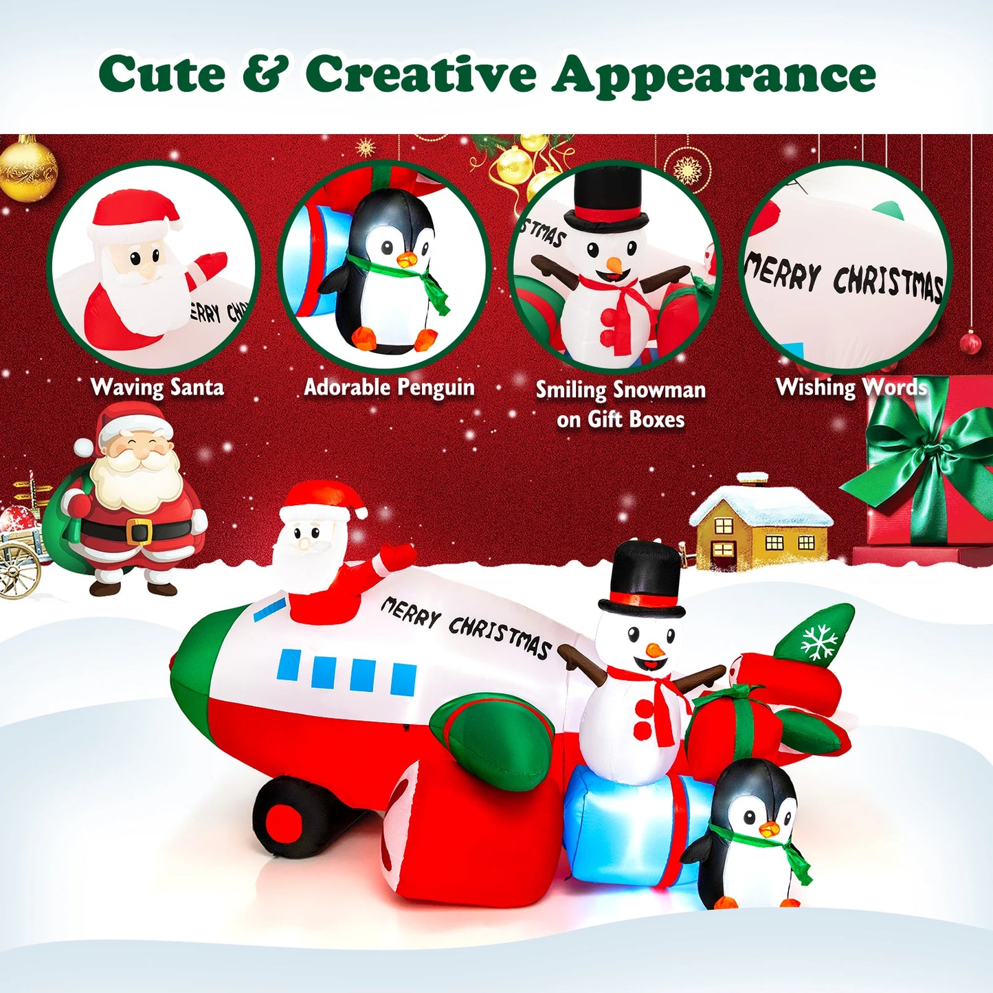 9FT Inflatable Christmas Santa Claus on Helicopter w/ Snowman Penguin LED Lights