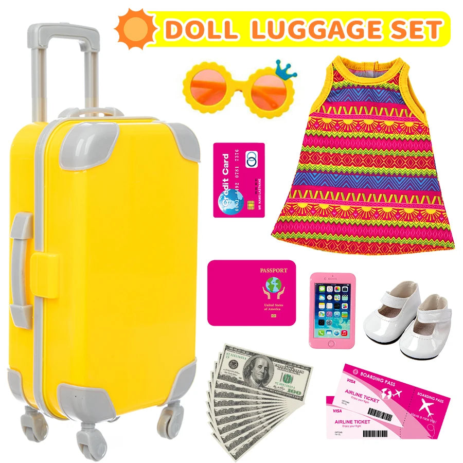 18Inch Doll Clothes Yellow Dress Lovely Travel Suitcase American Doll Summer Outfit Pineapple sunglasses Baby Toys Girl's Gift