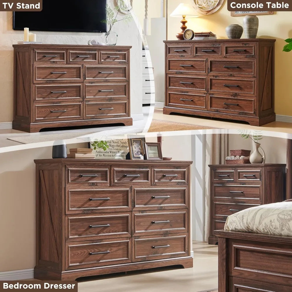 Farmhouse 9 Drawer Dresser for Bedroom, 36 Inch Tall Modern Dresser TV Stand with Large Drawers & Bar Handles, Rustic Wood Chest