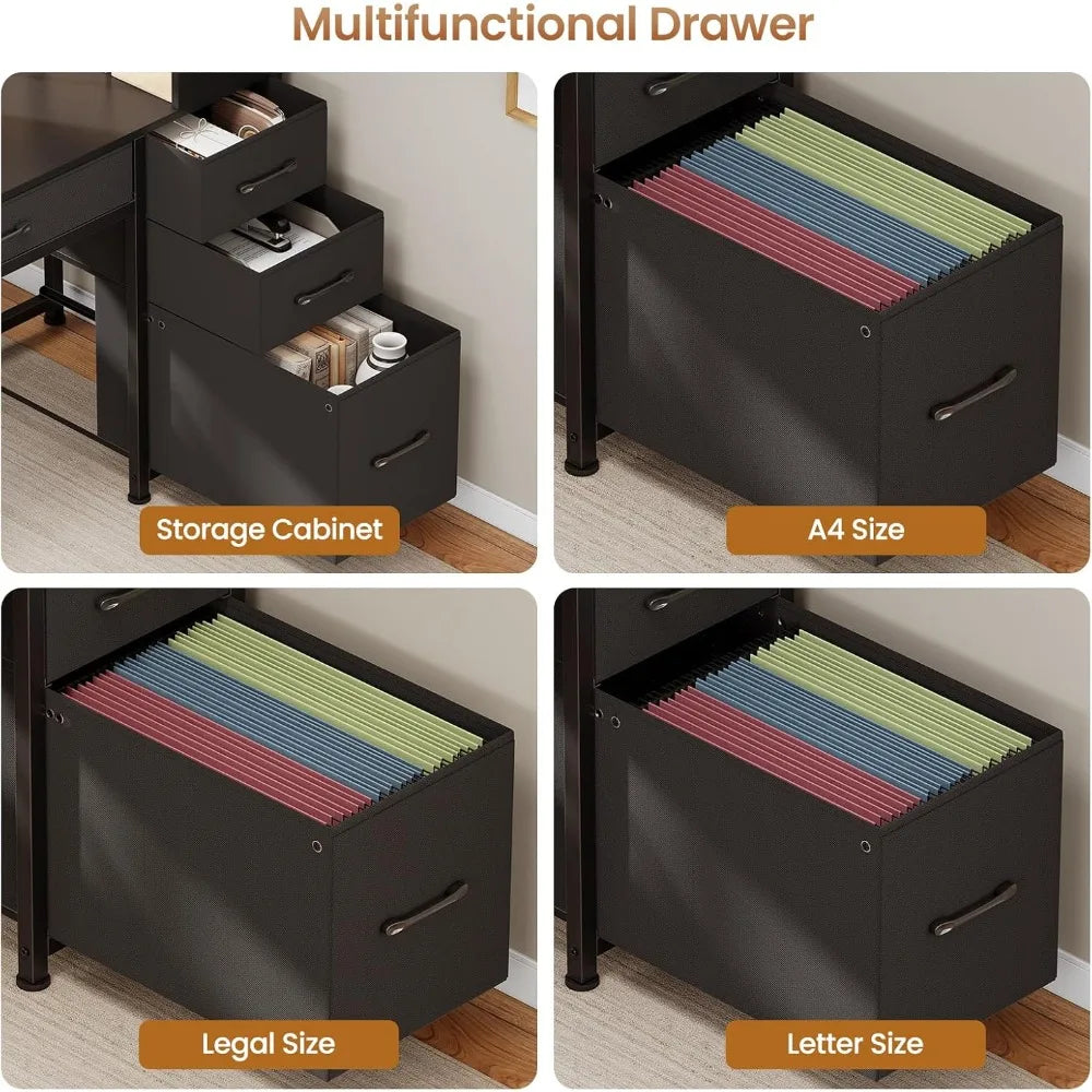 Computer Gaming Desk with 5 Drawers and Bookshelf, Reversible Home Office Desk with Storage Shelves and File Drawer, Corner Des