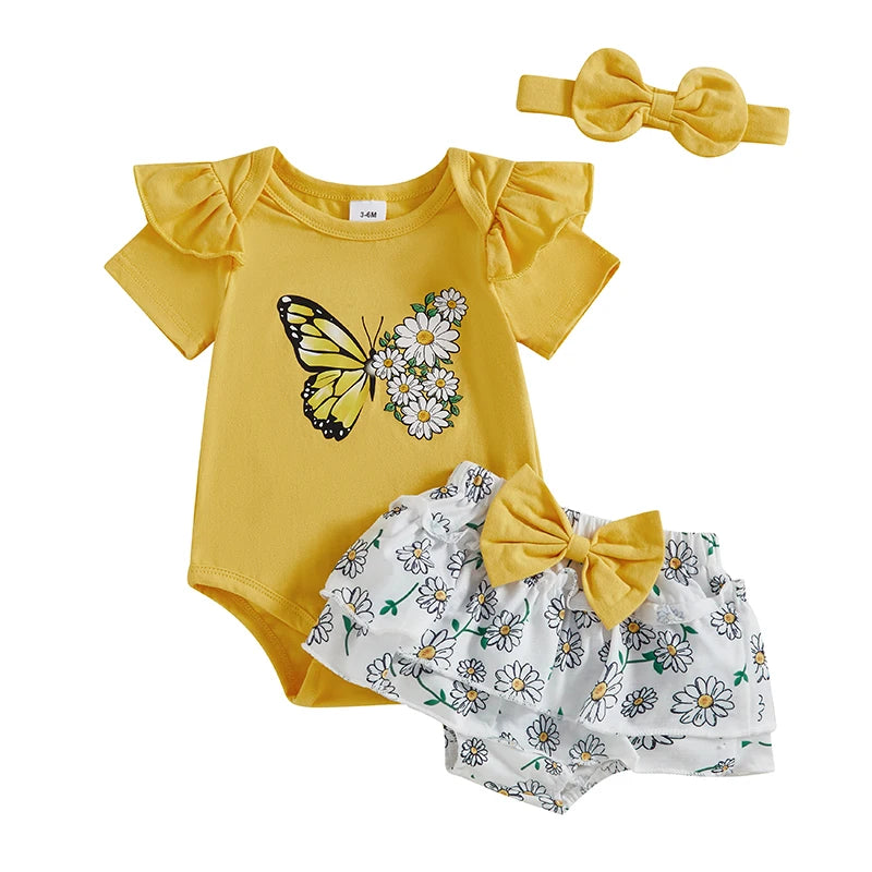 Toddler Girl Floral Print Sleeveless Romper with Matching Headband and Ruffled Shorts 3 Piece Summer Outfit Set