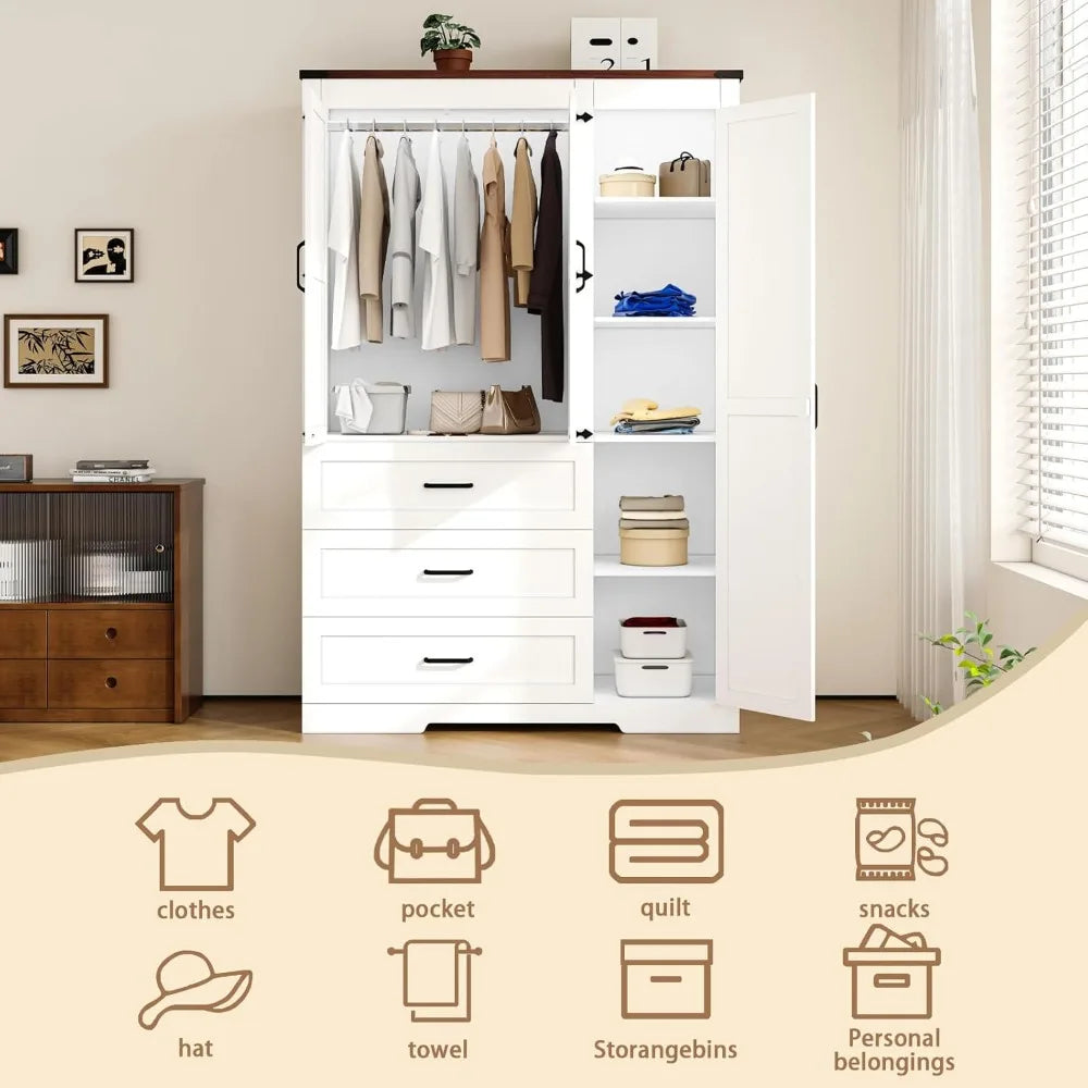 Wardrobes, Freestanding Clothing Storage Cabinet, Wooden Armoire Wardrobe Closet for Bedroom,Farmhouse Armoire with Hanging Rod