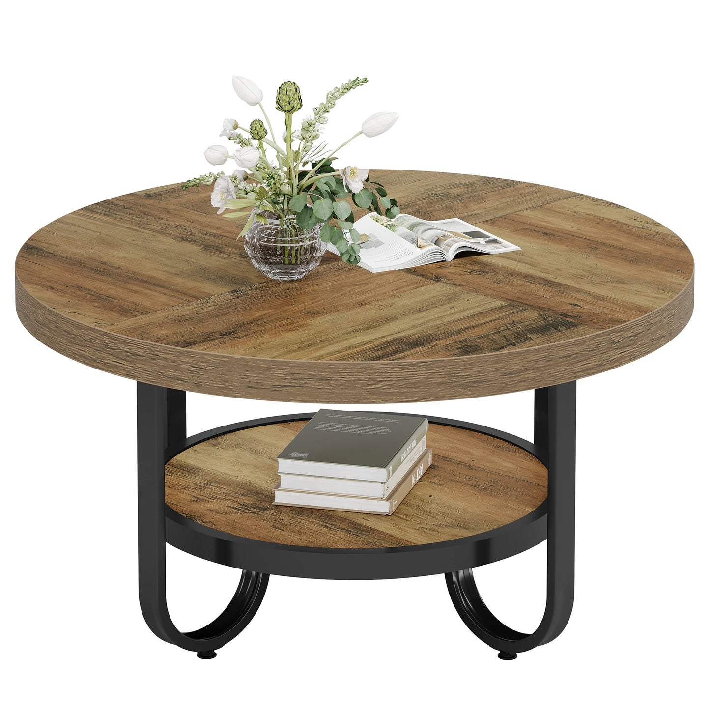 Tribesigns Round Coffee Table for Living Room, 2-Tier Center Table with Storage Shelf, 31.1-Inch Industrial Cocktail Tea Table w