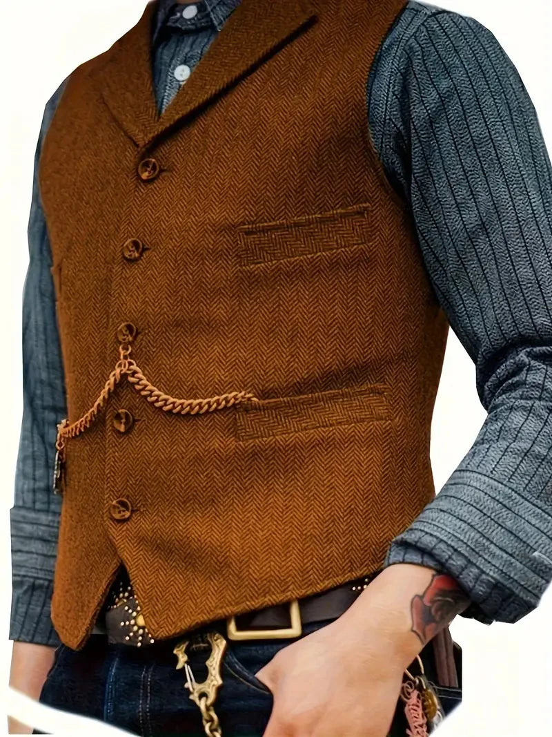 Classic Men's Vest Wedding Wool Tweed Business Waistcoat Jacket Casual Slim Fit Steampunk Vests For Groosmen Man Wedding