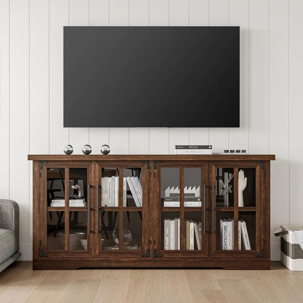 Farmhouse 63" Buffet Sideboard Cabinet with Glass Door, Large Storage Cabinet with Adjustable Shelf, Wooden Coffee Bar Station
