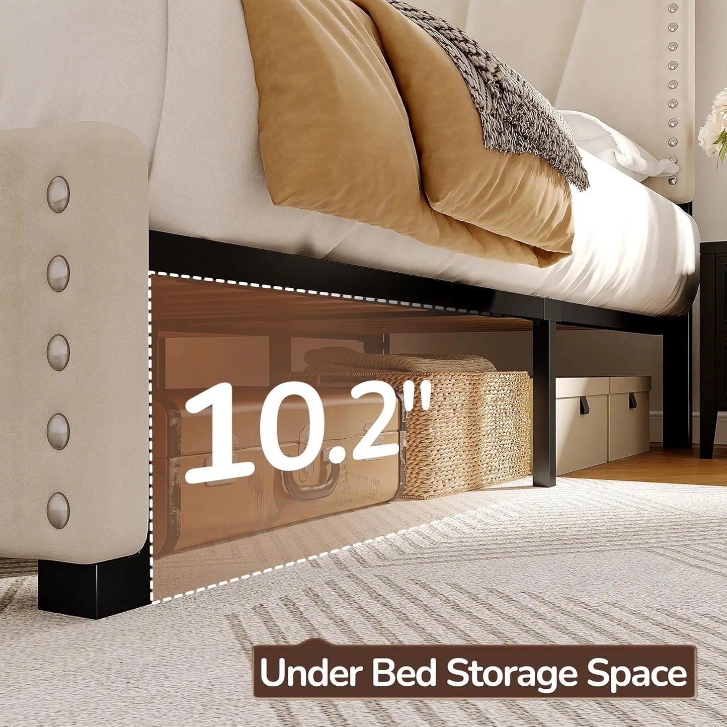King Size Bed Frame with Velvet Headboard and LED Lights, Storage Headboard Platform Bed with Charging Station