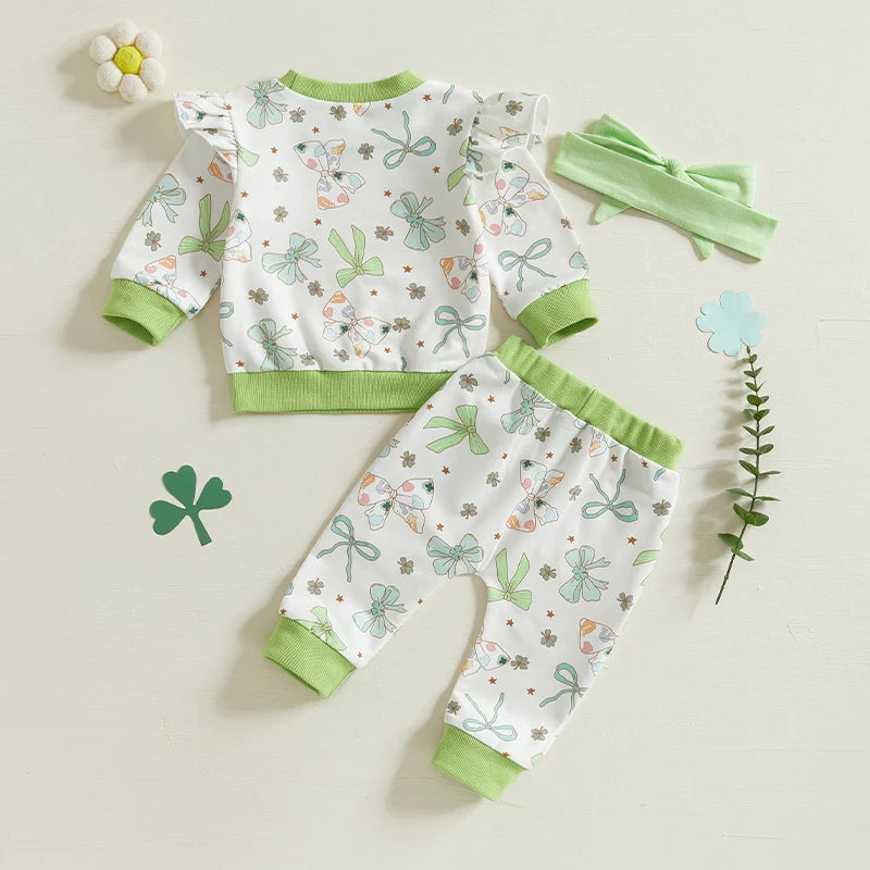 St Patrick's Day Baby Girl Outfits Green Shamrock Print Ruffle Sleeve Top Pants Headband 3Pcs Set