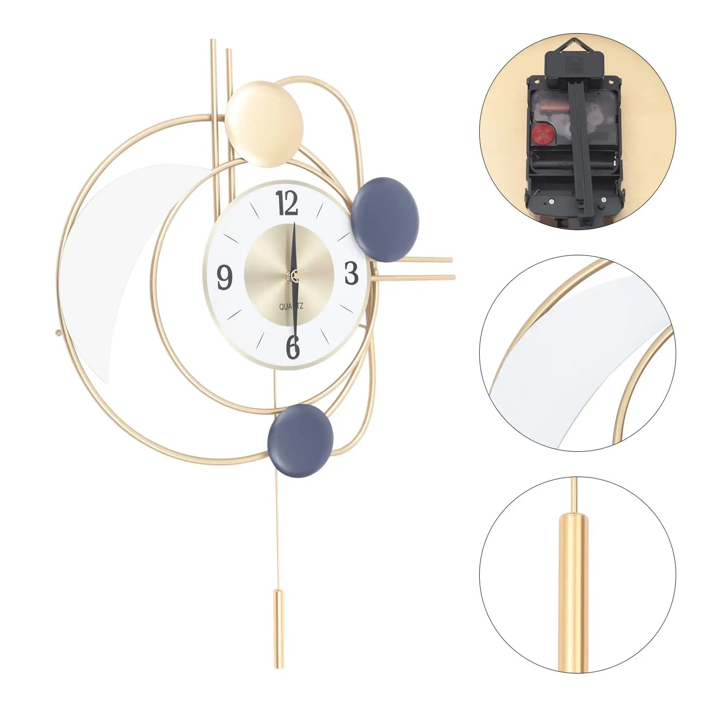 Large Modern Metal Wall Clocks Luxury Silent Hanging Clock with Swing Pendulum for Kitchen, Living Room, Bedroom, Wall Art Decor
