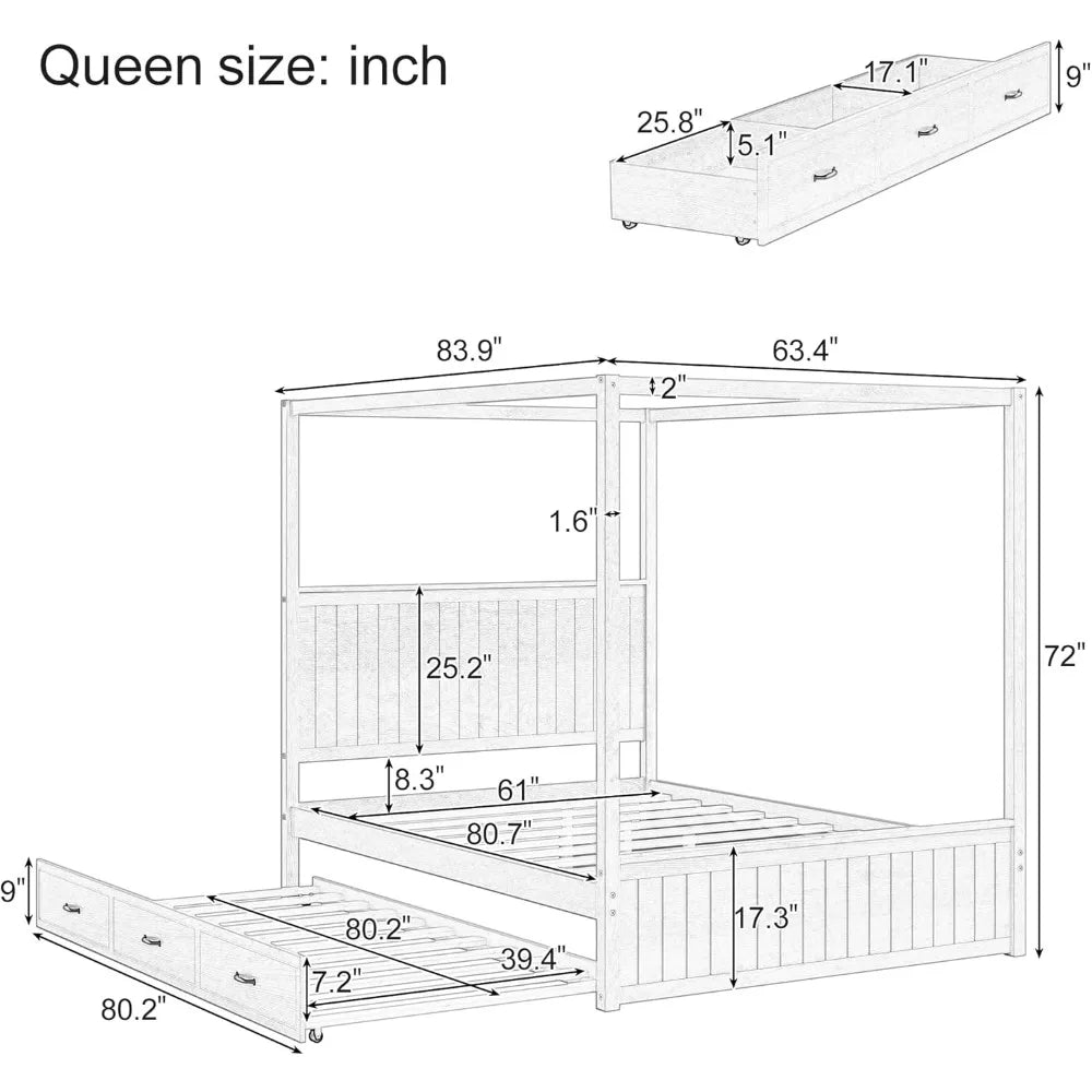 SOFTSEA Queen Size Canopy Platform Bed with Storage Drawers & Trundle, Solid Wood 4-Post Platform Bed Frame with Wood Headboard