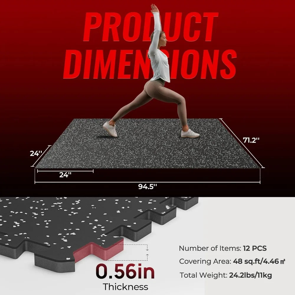 0.56'' Thick Rubber Top Exercise Equipment Mats, High Density EVA Foam Mats w/Rubber Top, Interlocking Gym Flooring for Home Gym