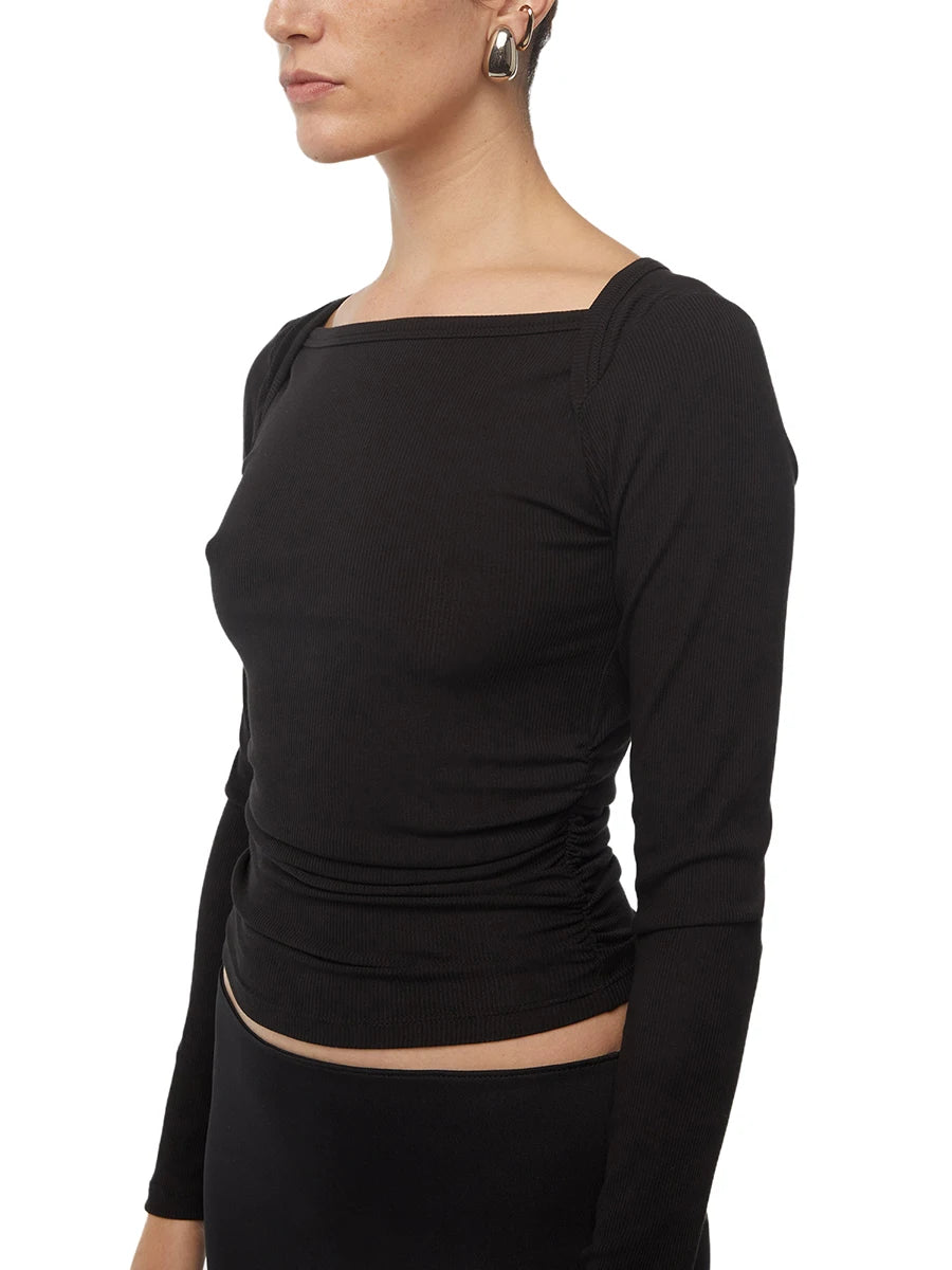 Women Long Sleeve Crop Tops Solid Color Boat-Neck Fit T-Shirts Spring Fall Bottoming Shirts Streetwear